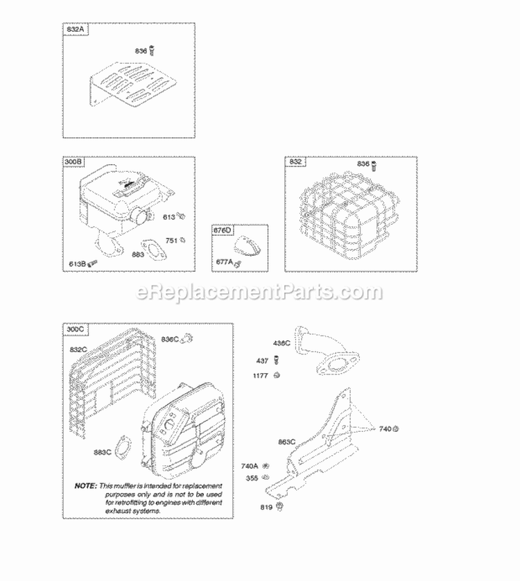 Exhaust System Diagram and Parts List for 21M417-0171-E1  Briggs and Stratton Engine